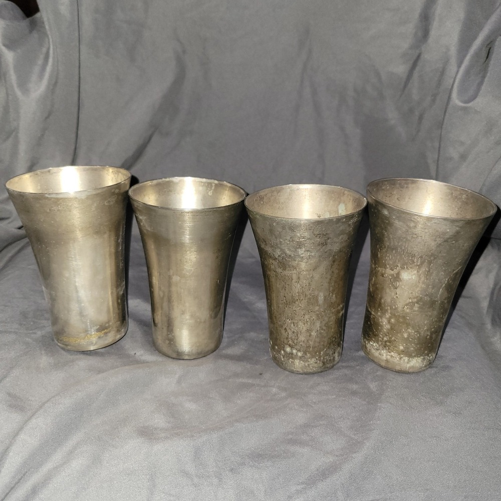 Set Of 4 Vintage Nickel Silver Tumblers Cups Metal Drinkware Bar